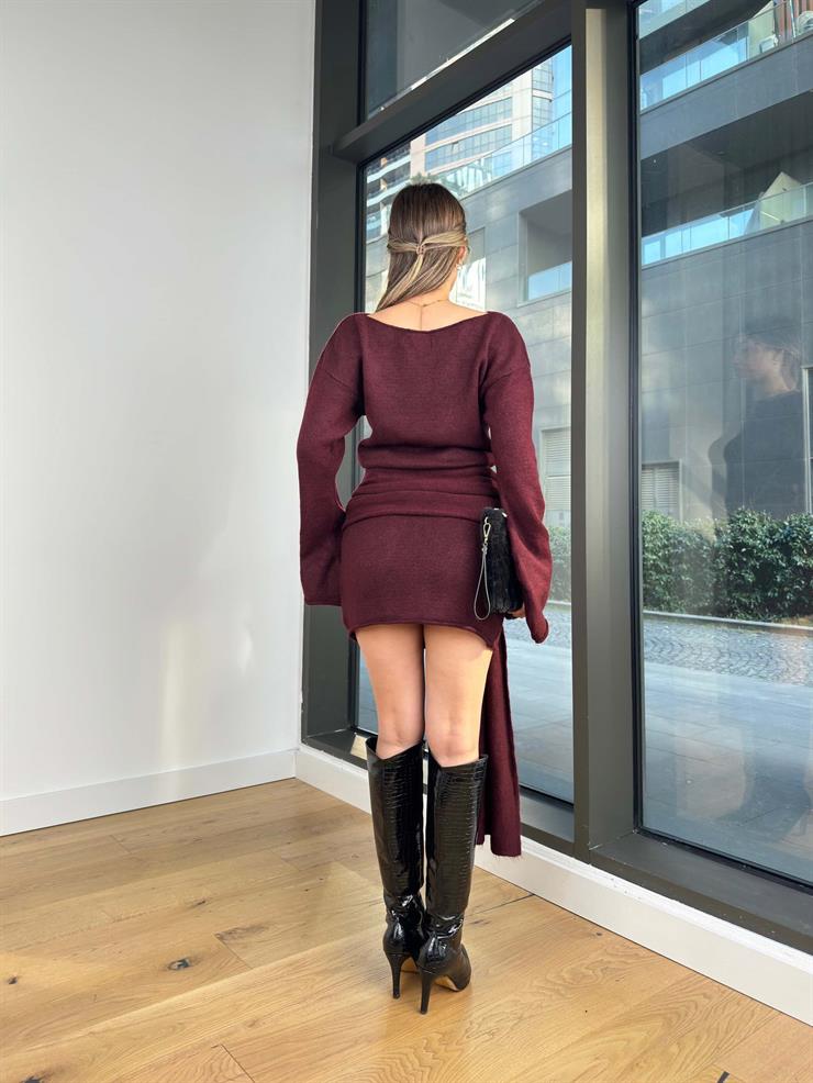 Kayık Yaka Uzun Kol Önden Bağlama Detaylı Corbus Bordo Kadın Triko Mini Elbise 25K491