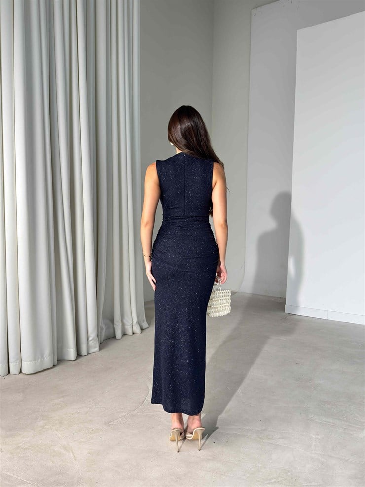 Drape Detaylı Simli Maxi Boy Lacivert Corento Kadın Elbise 26Y507