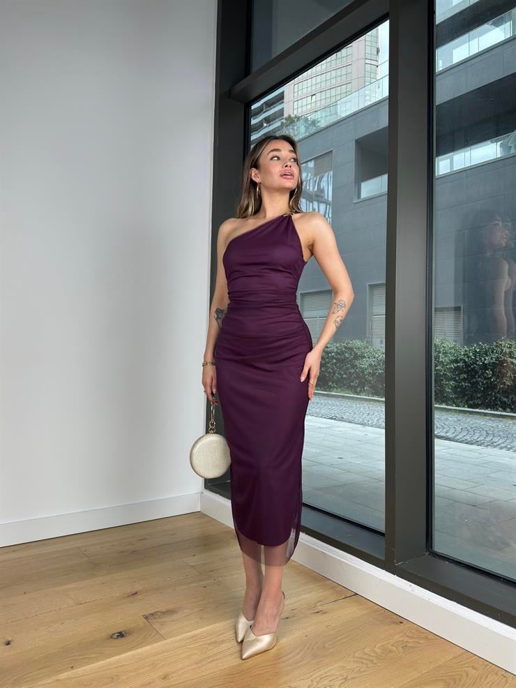 Tek Omuz Askılı Aksesuar Detaylı Drapeli Coza Mor Kadın Elbise 25Y057