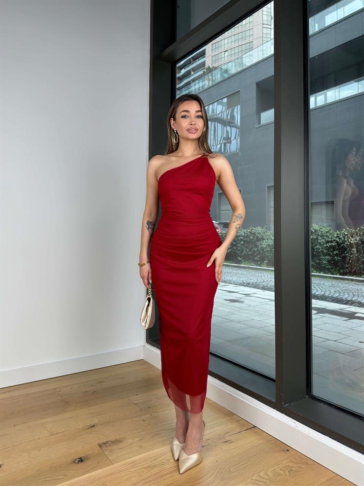 Tek Omuz Askılı Aksesuar Detaylı Drapeli Coza Kırmızı Kadın Elbise 25Y057