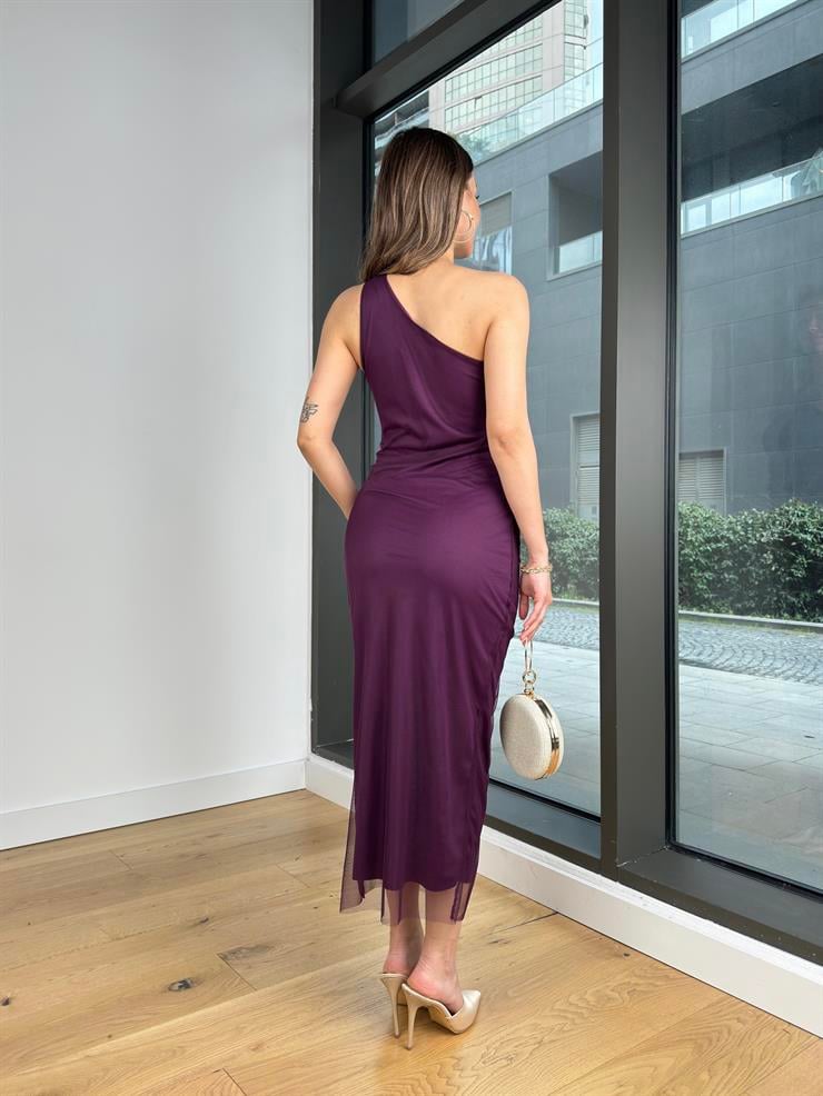 Tek Omuz Askılı Aksesuar Detaylı Drapeli Coza Mor Kadın Elbise 25Y057