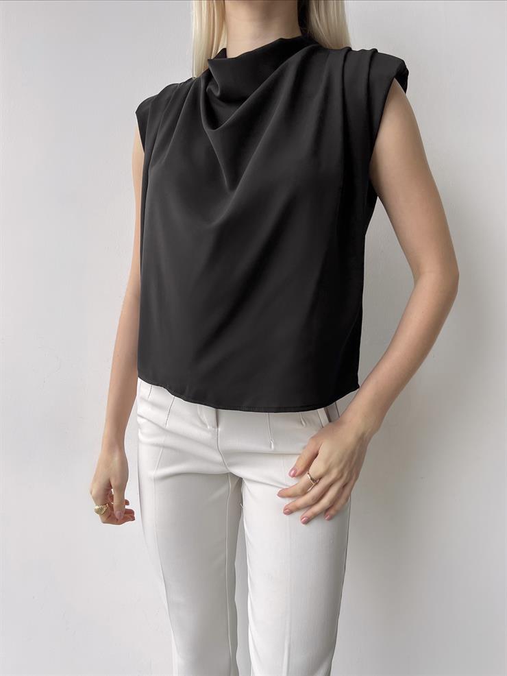 Yarım Balıkçı Yaka Sıfır Kol Crane Kadın Siyah Omuz Vatkalı Bluz 23Y000223