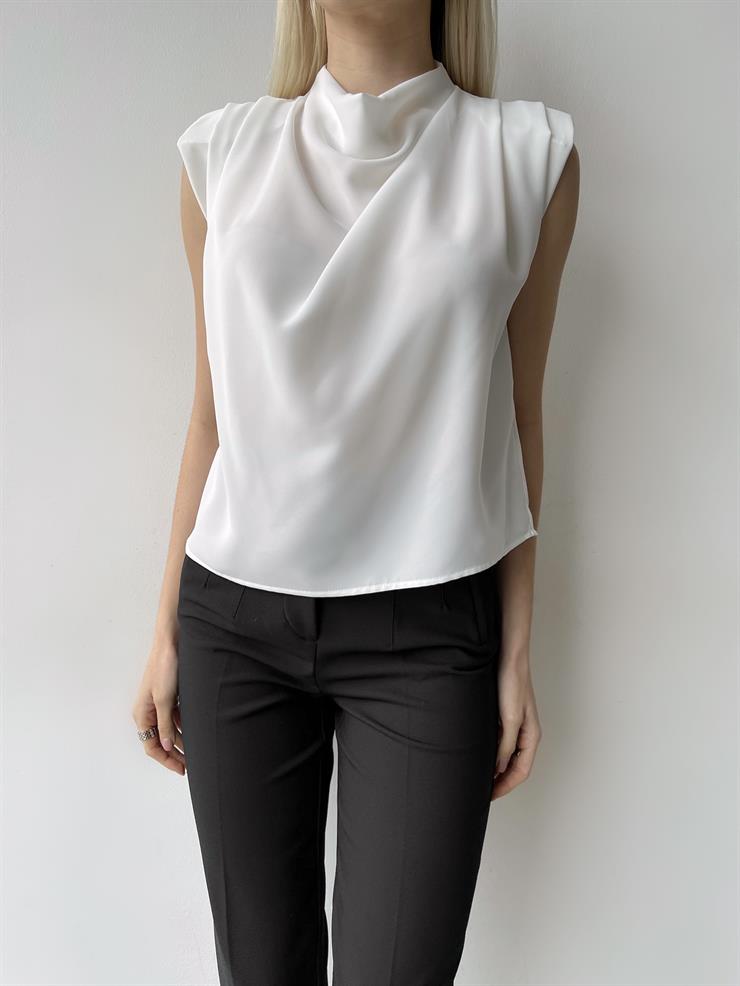 Yarım Balıkçı Yaka Sıfır Kol Crane Kadın Beyaz Omuz Vatkalı Bluz 23Y000223