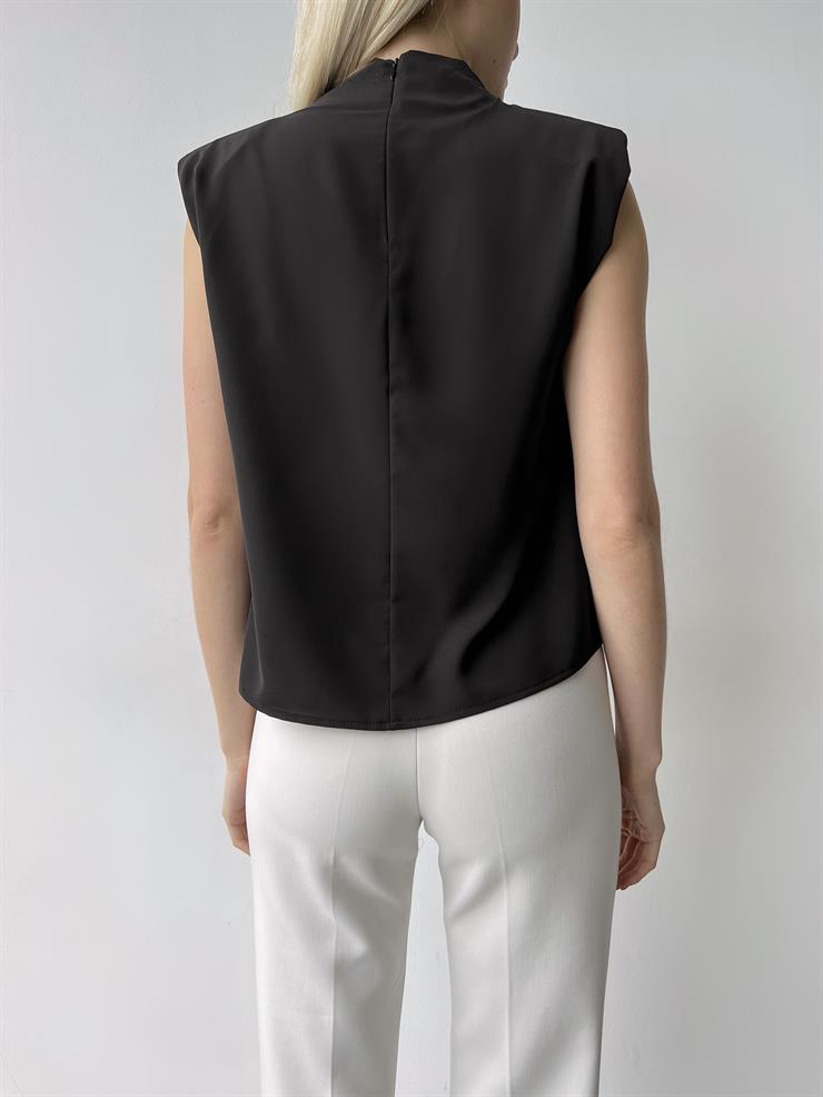 Yarım Balıkçı Yaka Sıfır Kol Crane Kadın Siyah Omuz Vatkalı Bluz 23Y000223