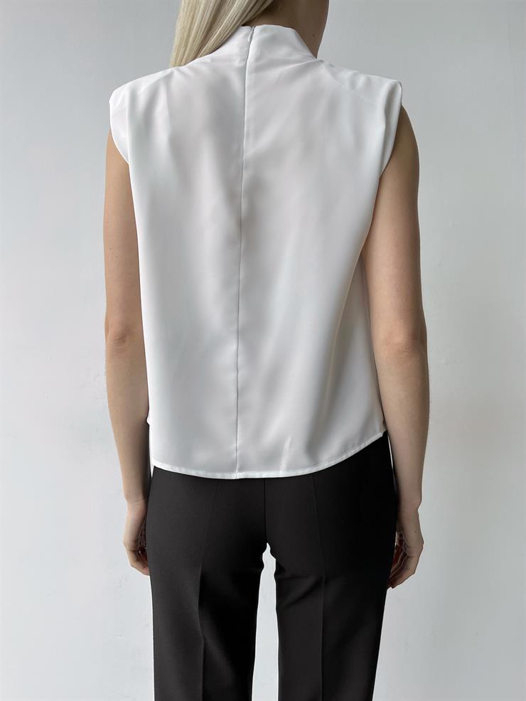 Yarım Balıkçı Yaka Sıfır Kol Crane Kadın Beyaz Omuz Vatkalı Bluz 23Y000223