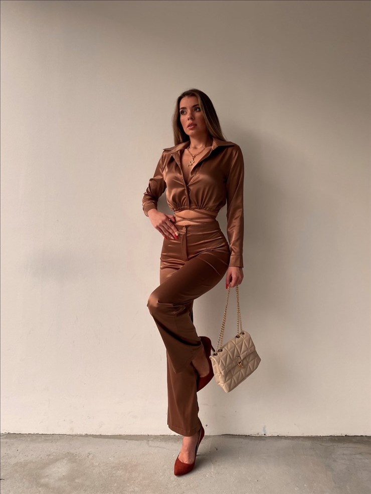 Crop Altı Bağcıklı Üst Geniş Paça Pantolon Greta Kadın Taba İkili Takım 22K000367