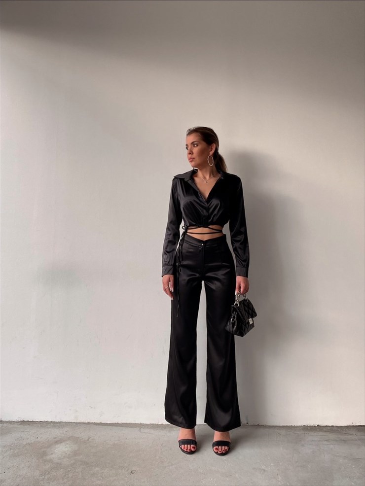 Crop Altı Bağcıklı Üst Geniş Paça Pantolon Greta Kadın Siyah İkili Takım 22K000367