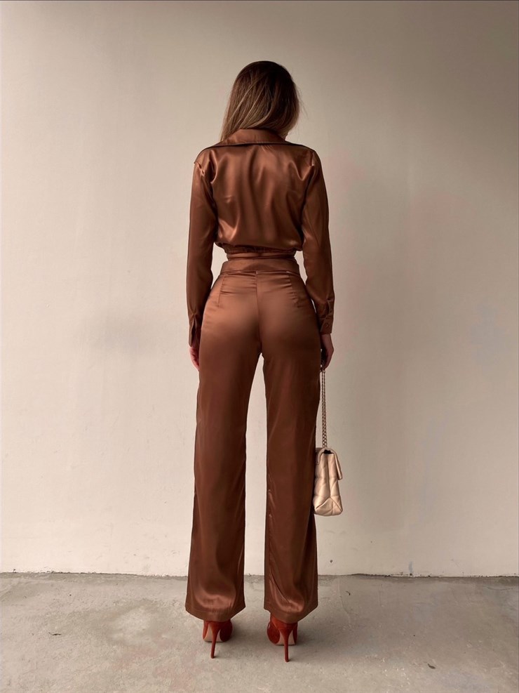 Crop Altı Bağcıklı Üst Geniş Paça Pantolon Greta Kadın Taba İkili Takım 22K000367