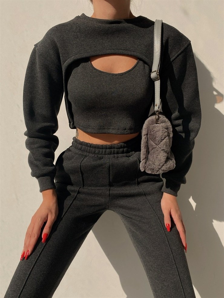 Crop atlet Bolero Sweat Lastik Bel Alt Elaina Kadın Antrasit Üçlü Eşofman Takım 22K000322