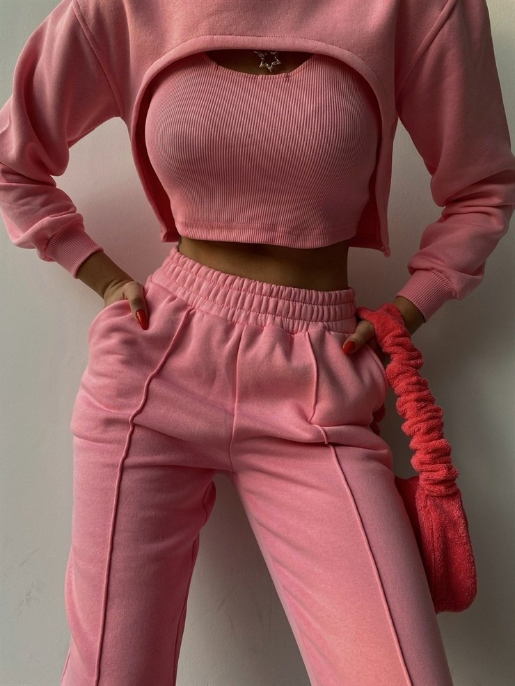Crop atlet Bolero Sweat Lastik Bel Alt Elaina Kadın Pembe Üçlü Eşofman Takım 22K000322