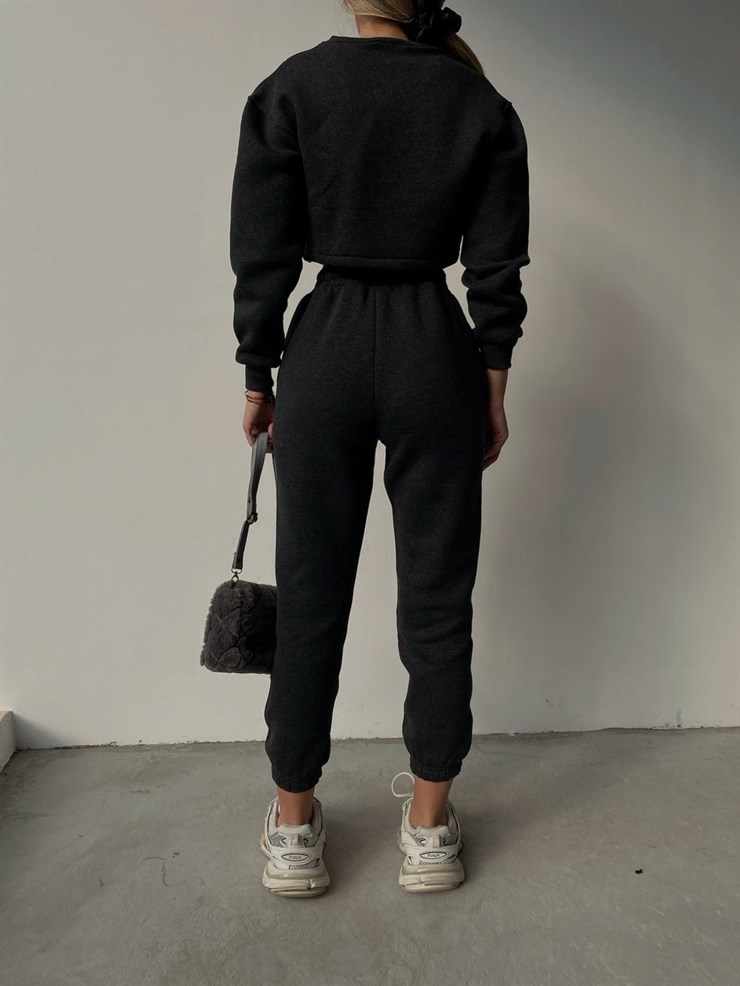 Crop atlet Bolero Sweat Lastik Bel Alt Elaina Kadın Antrasit Üçlü Eşofman Takım 22K000322