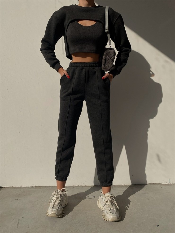 Crop atlet Bolero Sweat Lastik Bel Alt Elaina Kadın Antrasit Üçlü Eşofman Takım 22K000322