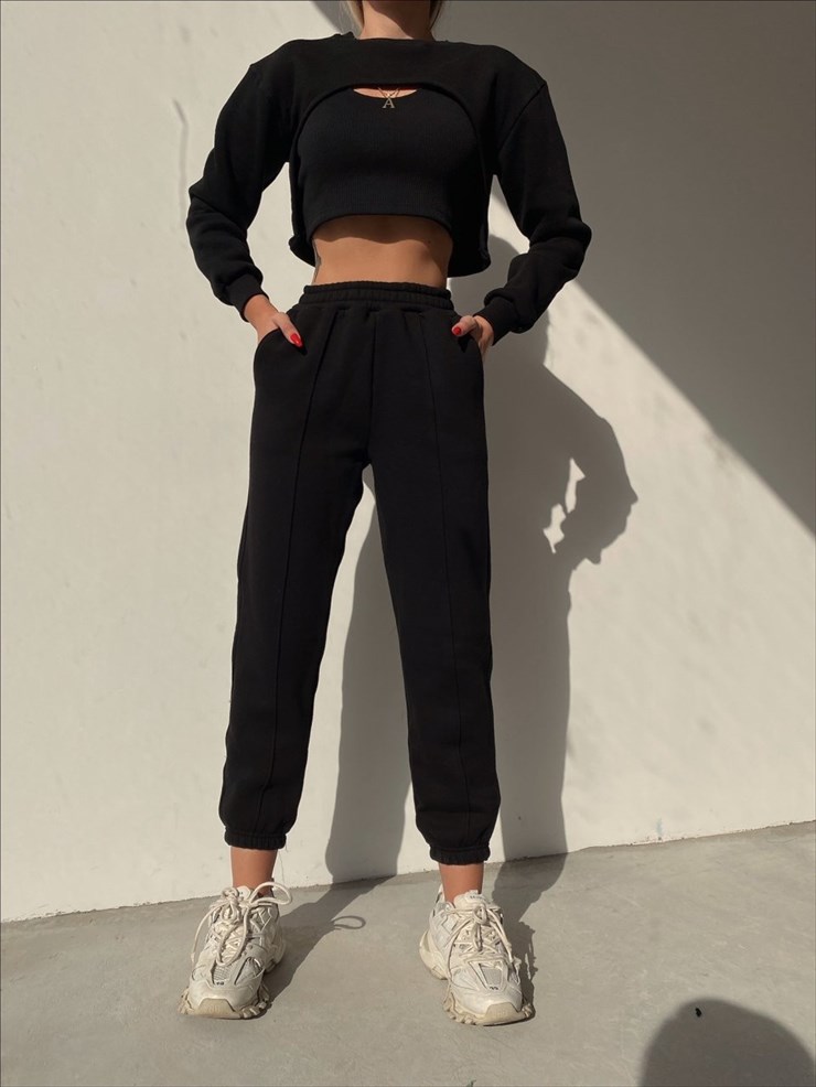 Crop atlet Bolero Sweat Lastik Bel Alt Elaina Kadın Siyah Üçlü Eşofman Takım 22K000322