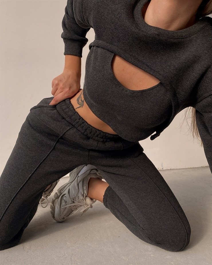 Crop atlet Bolero Sweat Lastik Bel Alt Elaina Kadın Antrasit Üçlü Eşofman Takım 22K000322