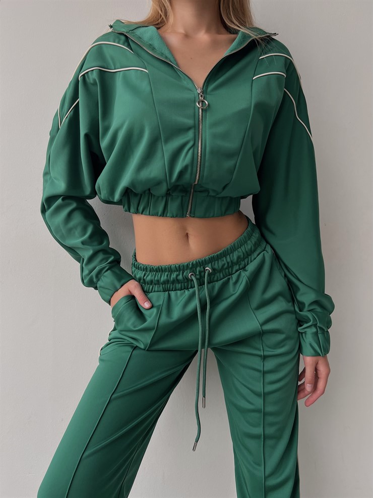 Crop Bel Lastikli Fermuarlı Sweat Lastik Paça Eşofman Altı Landolfo Kadın Yeşil Eşofman Takımı 23K000052