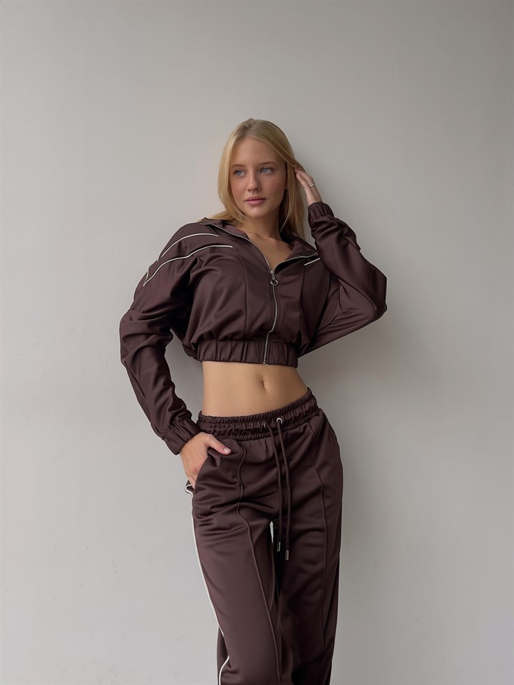 Crop Bel Lastikli Fermuarlı Sweat Lastik Paça Eşofman Altı Landolfo Kadın Kahve Eşofman Takımı 23K000052