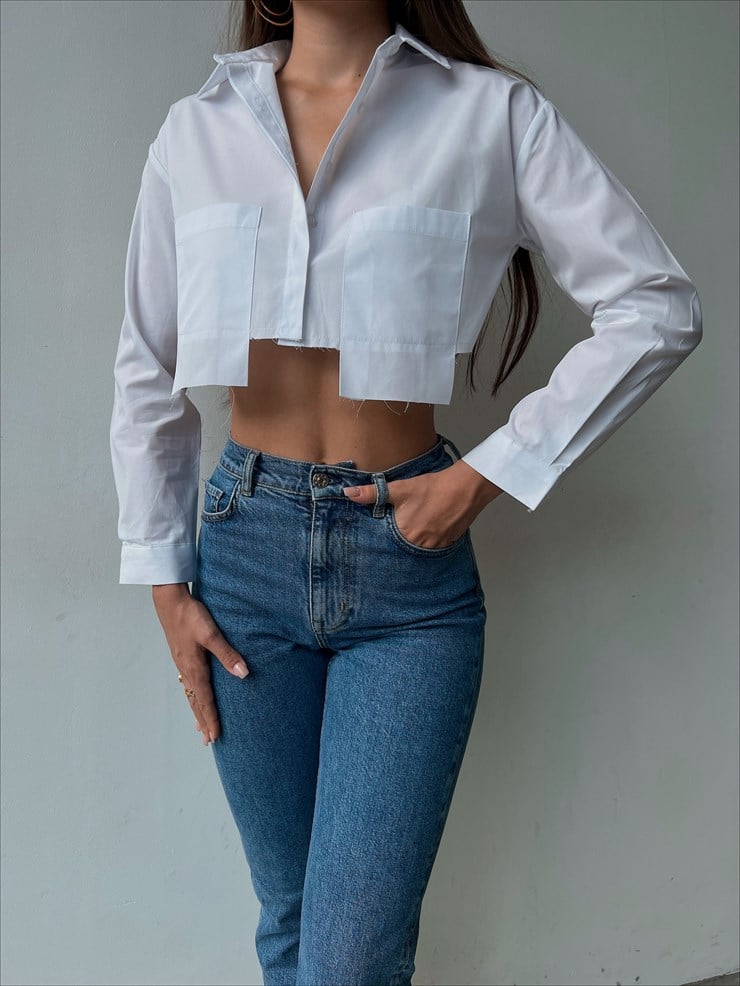 Crop Büyük Cep Detaylı Caio Kadın Beyaz Gömlek 23K000133