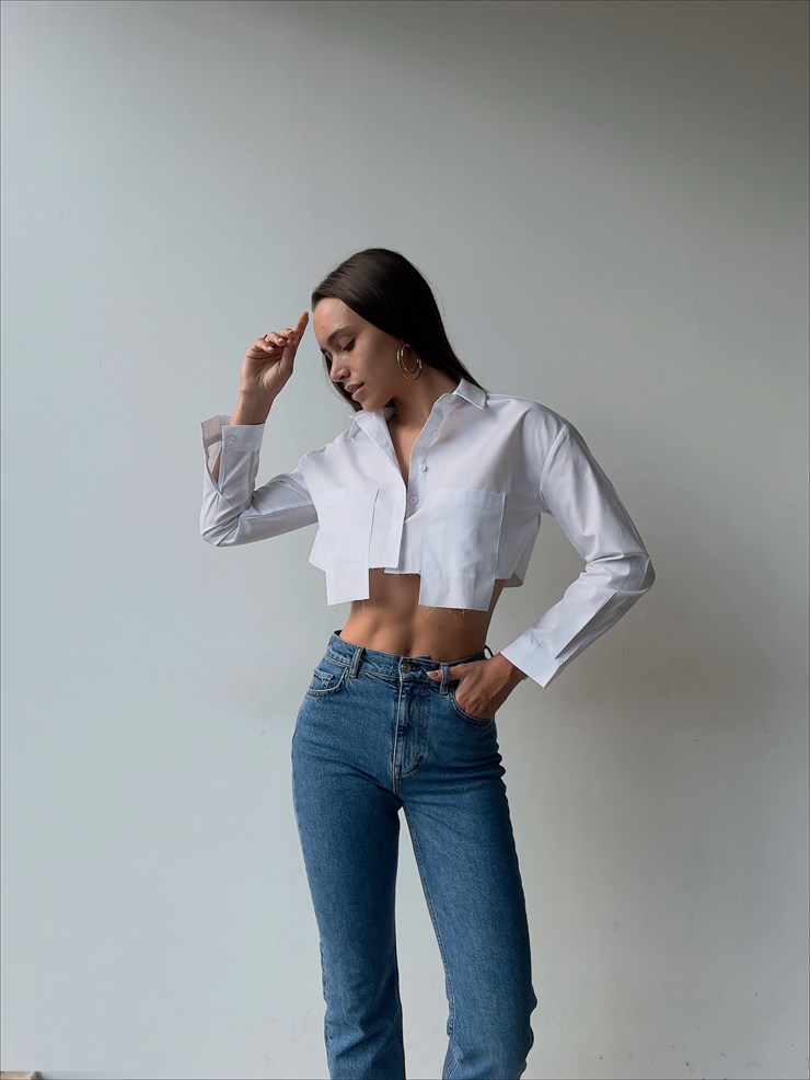 Crop Büyük Cep Detaylı Caio Kadın Beyaz Gömlek 23K000133
