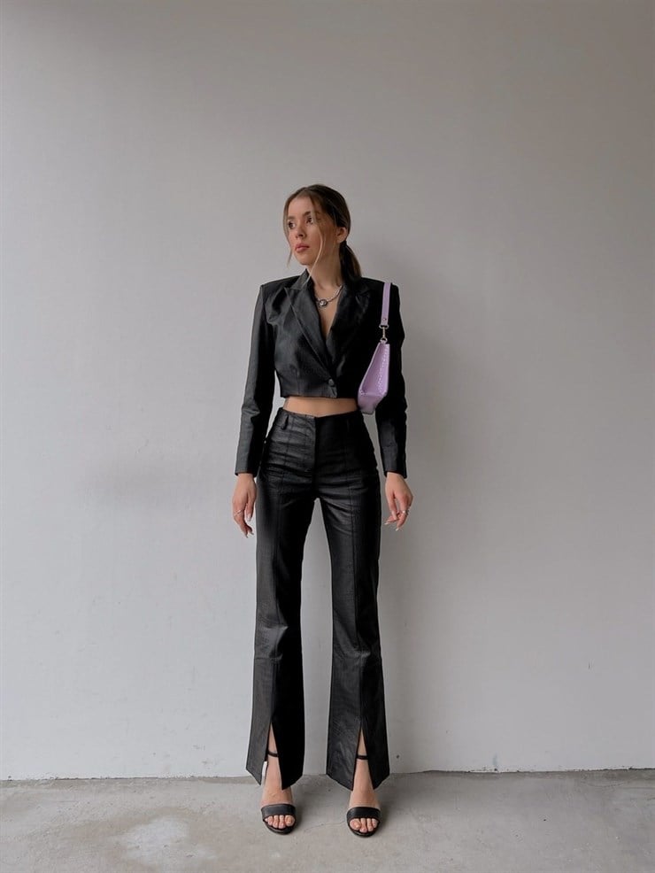 Crop İkili Deri Danniell Kadın Siyah Ceket Pantolon Takım 22K000464