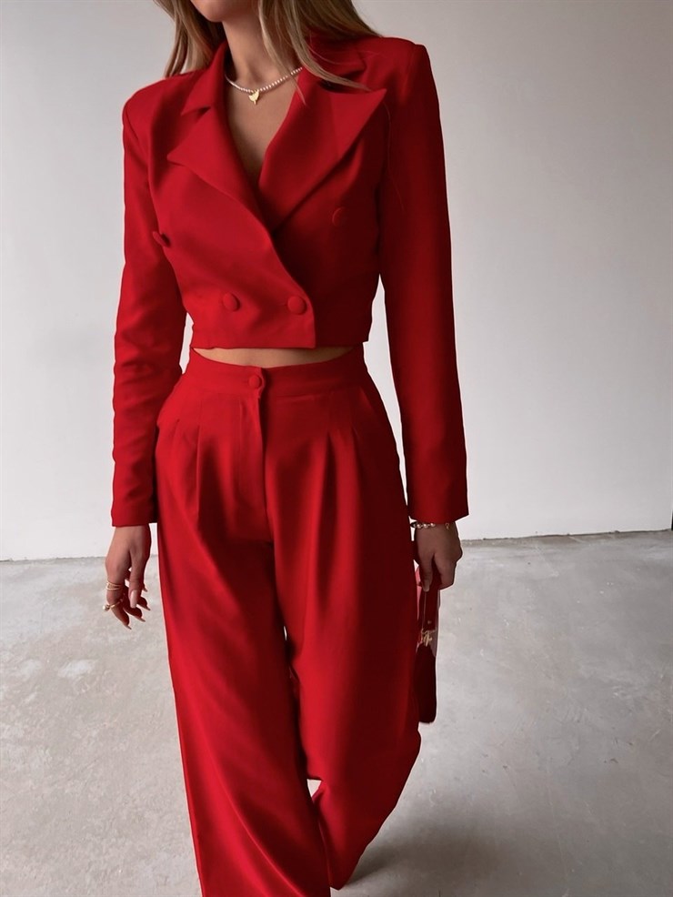 Crop Kruvaze Ceket Plazo Pntolon Vitale Kadın Kırmızı İkili Takım 22K000447
