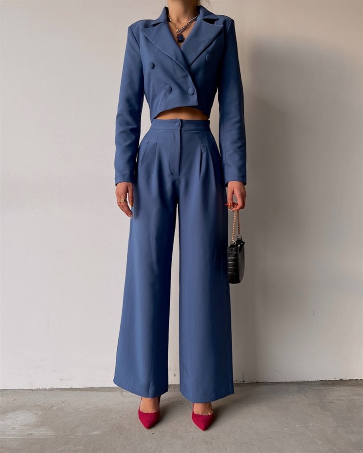 Crop Kruvaze Ceket Plazo Pntolon Vitale Kadın İndigo İkili Takım 22K000447