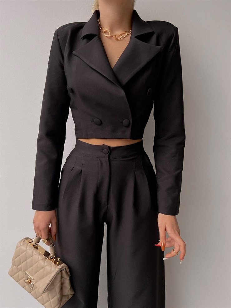 Crop Kruvaze Ceket Plazo Pntolon Vitale Kadın Siyah İkili Takım 22K000447