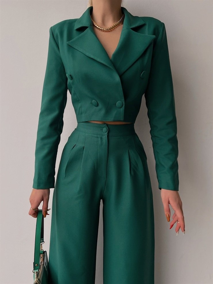 Crop Kruvaze Ceket Plazo Pntolon Vitale Kadın Yeşil İkili Takım 22K000447