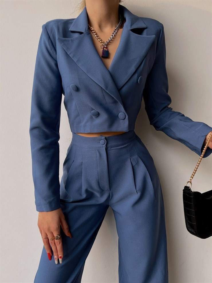 Crop Kruvaze Ceket Plazo Pntolon Vitale Kadın İndigo İkili Takım 22K000447