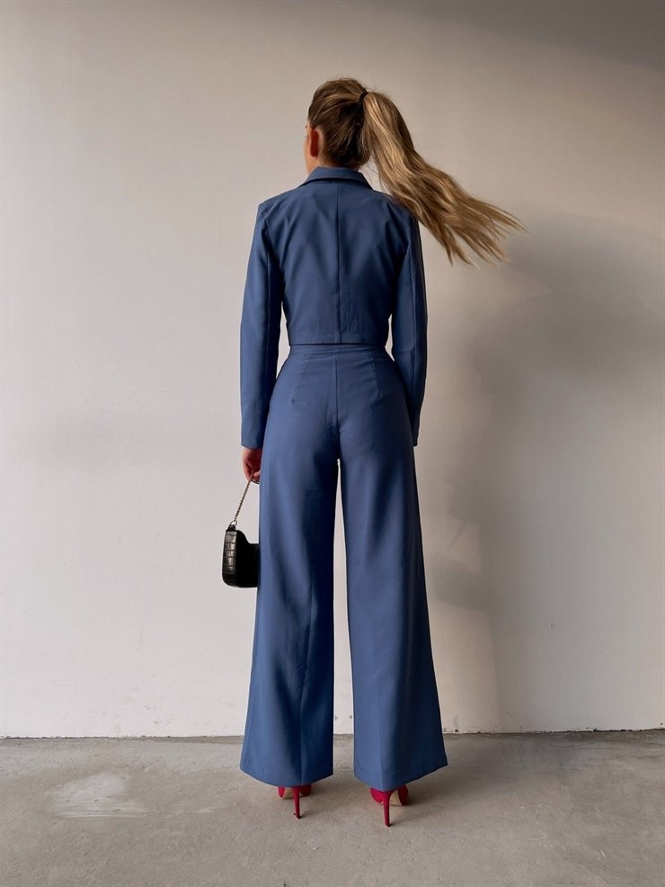 Crop Kruvaze Ceket Plazo Pntolon Vitale Kadın İndigo İkili Takım 22K000447