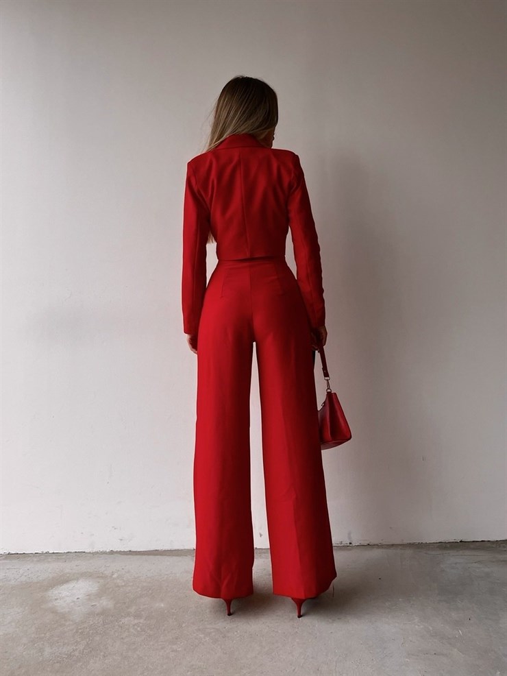 Crop Kruvaze Ceket Plazo Pntolon Vitale Kadın Kırmızı İkili Takım 22K000447