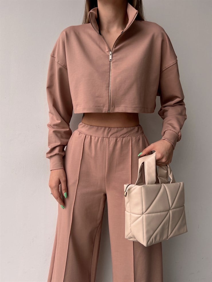 Crop Sweat Lastikli Bol Paça Alt Kadın Bej Eşofman Takım 21Y000077