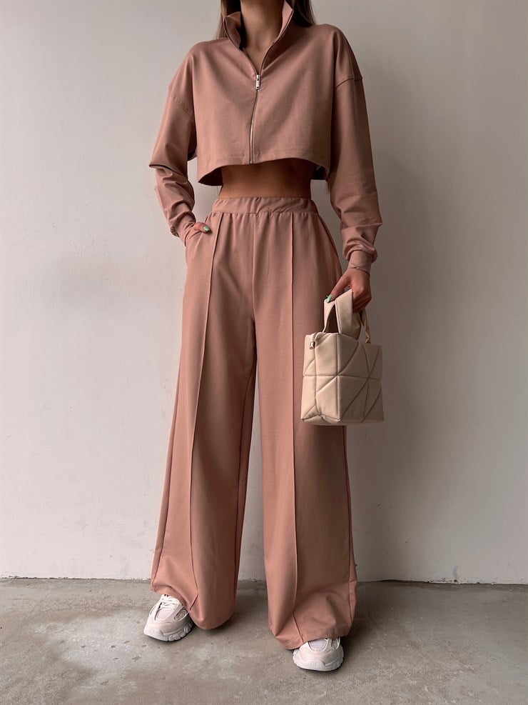 Crop Sweat Lastikli Bol Paça Alt Kadın Bej Eşofman Takım 21Y000077