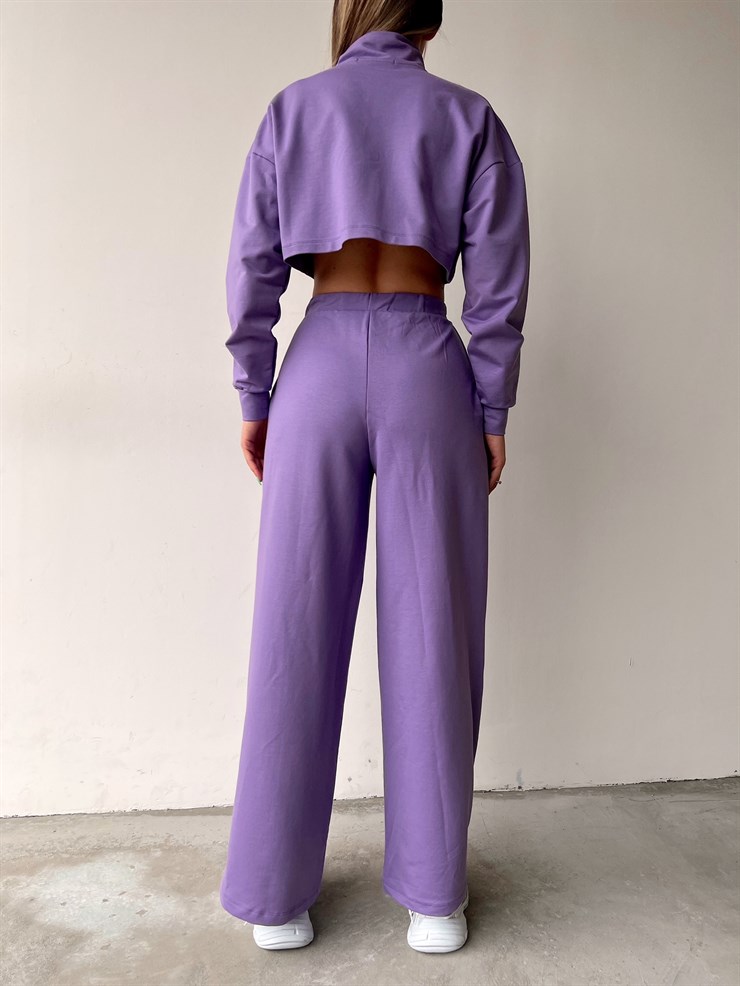 Crop Sweat Lastikli Bol Paça Alt Kadın Lila Eşofman Takım 21Y000077