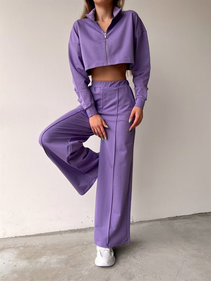 Crop Sweat Lastikli Bol Paça Alt Kadın Lila Eşofman Takım 21Y000077