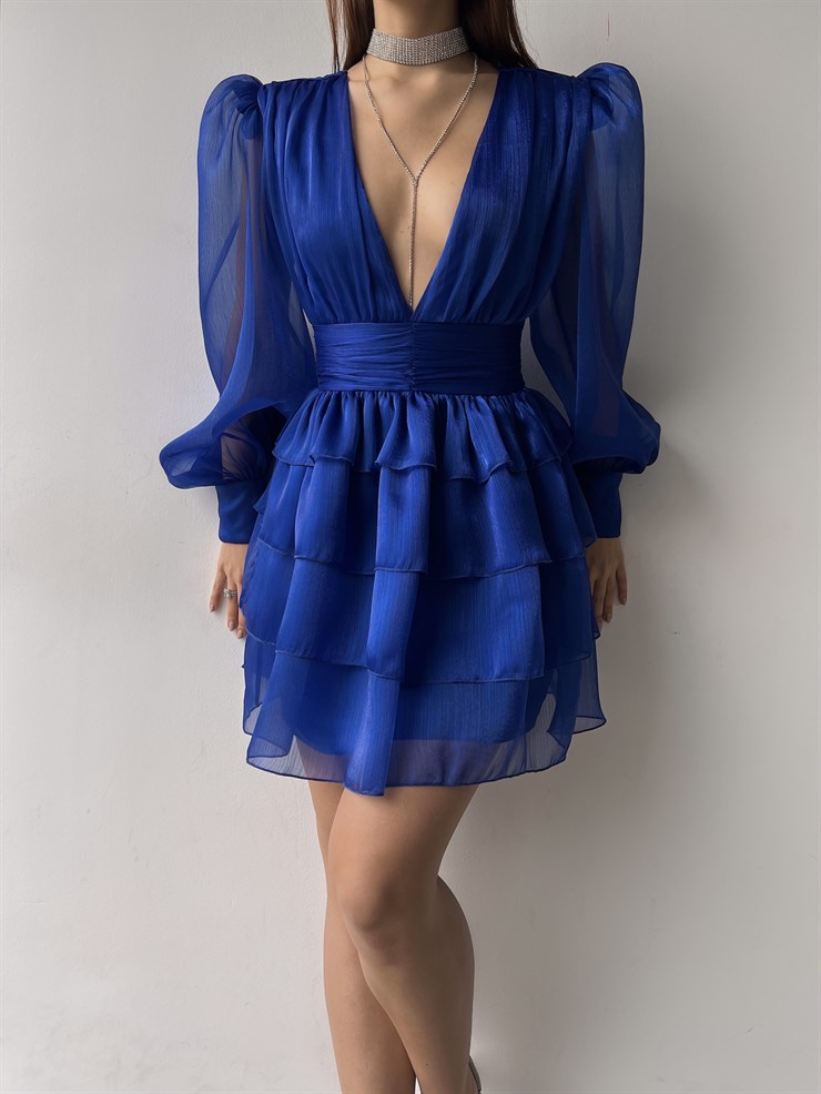 Derin V Yaka Belden Oturtmalı Tül Kol Crown Kadın Saks Fırfırlı Elbise 23K000314