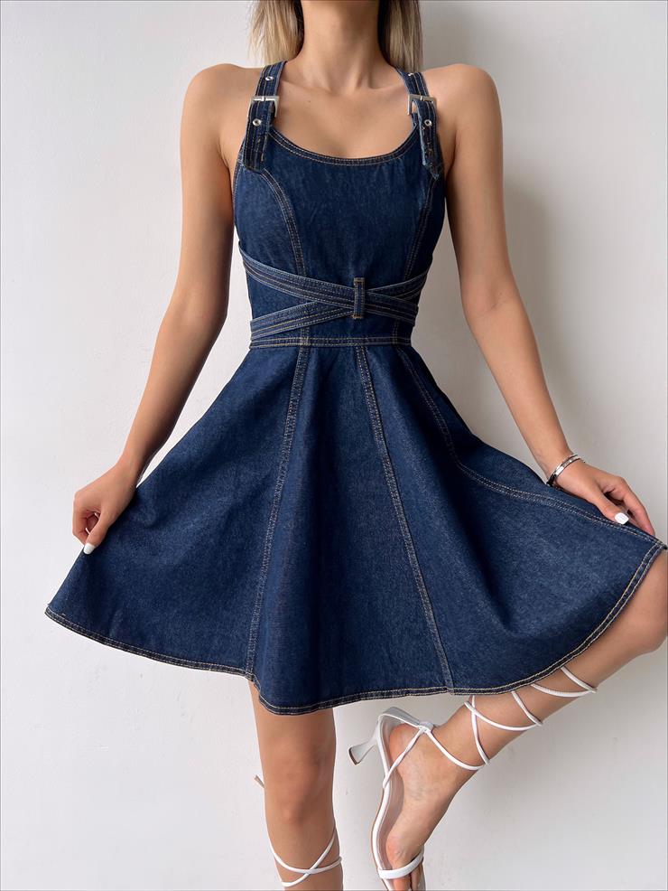 Strap Belt Look Cubed Woman Blue Denim Mini Dress 23Y000245
