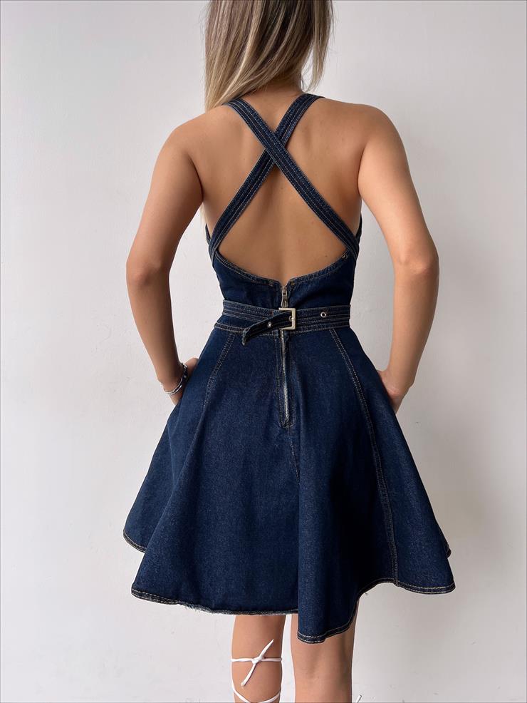 Askısı Kemer Görünümlü Arkası Çapraz Detaylı Cubed Kadın Mavi Kot Mini Elbise 23Y000245