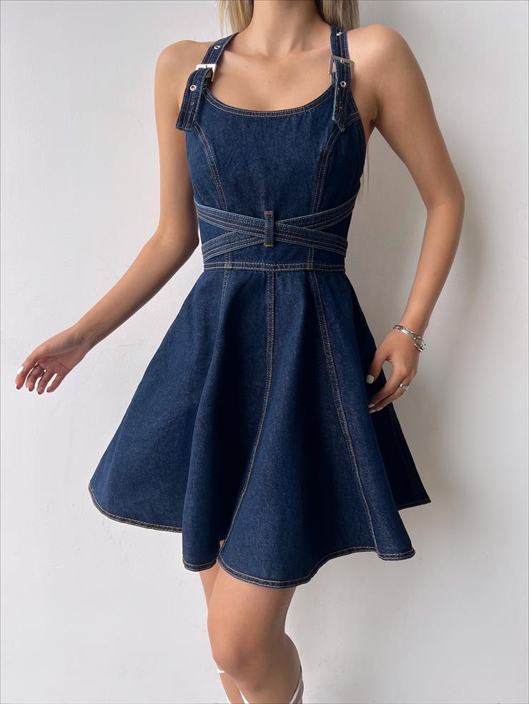 Strap Belt Look Cubed Woman Blue Denim Mini Dress 23Y000245