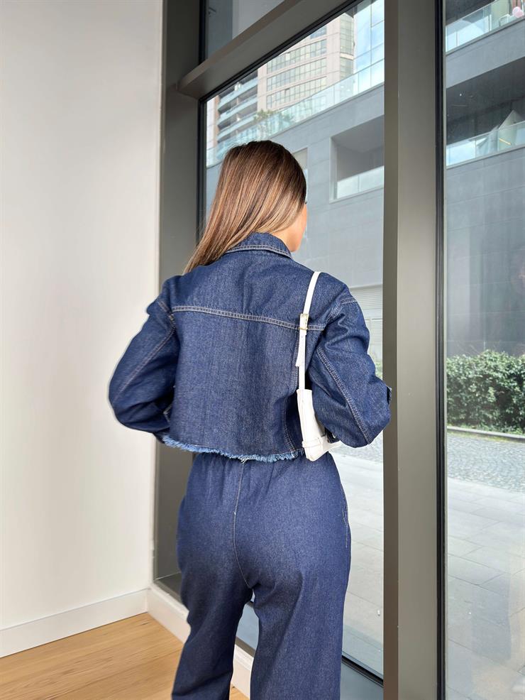 Önü Düğme Kapamalı Culpo Mavi Kadın Kot Crop Ceket 25Y026