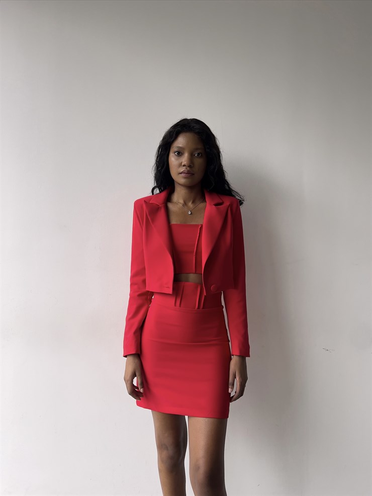 Alt Yüksek Bel Üst Tek Düğme Kapamalı Cybill Kadın Kırmızı Üçlü Takım 23K000311