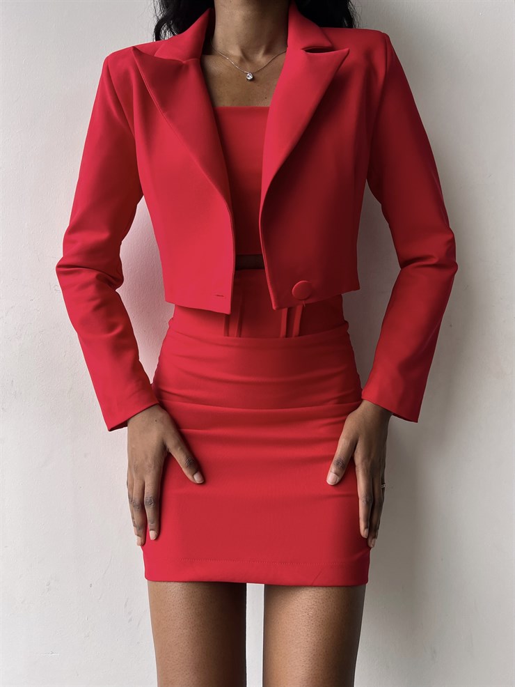 Alt Yüksek Bel Üst Tek Düğme Kapamalı Cybill Kadın Kırmızı Üçlü Takım 23K000311