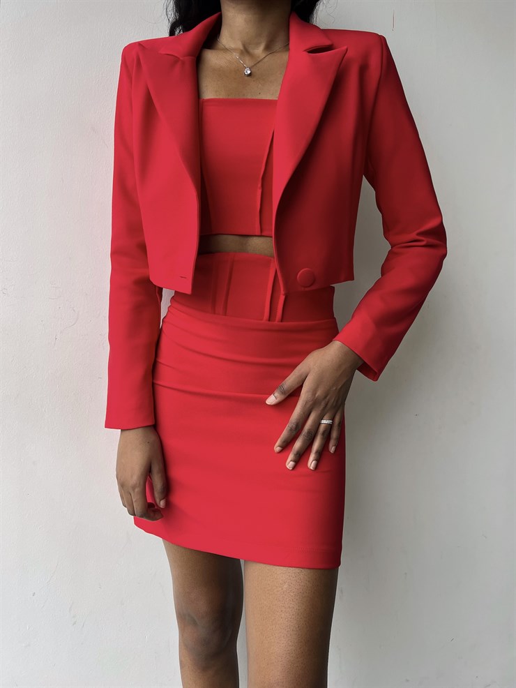 Alt Yüksek Bel Üst Tek Düğme Kapamalı Cybill Kadın Kırmızı Üçlü Takım 23K000311