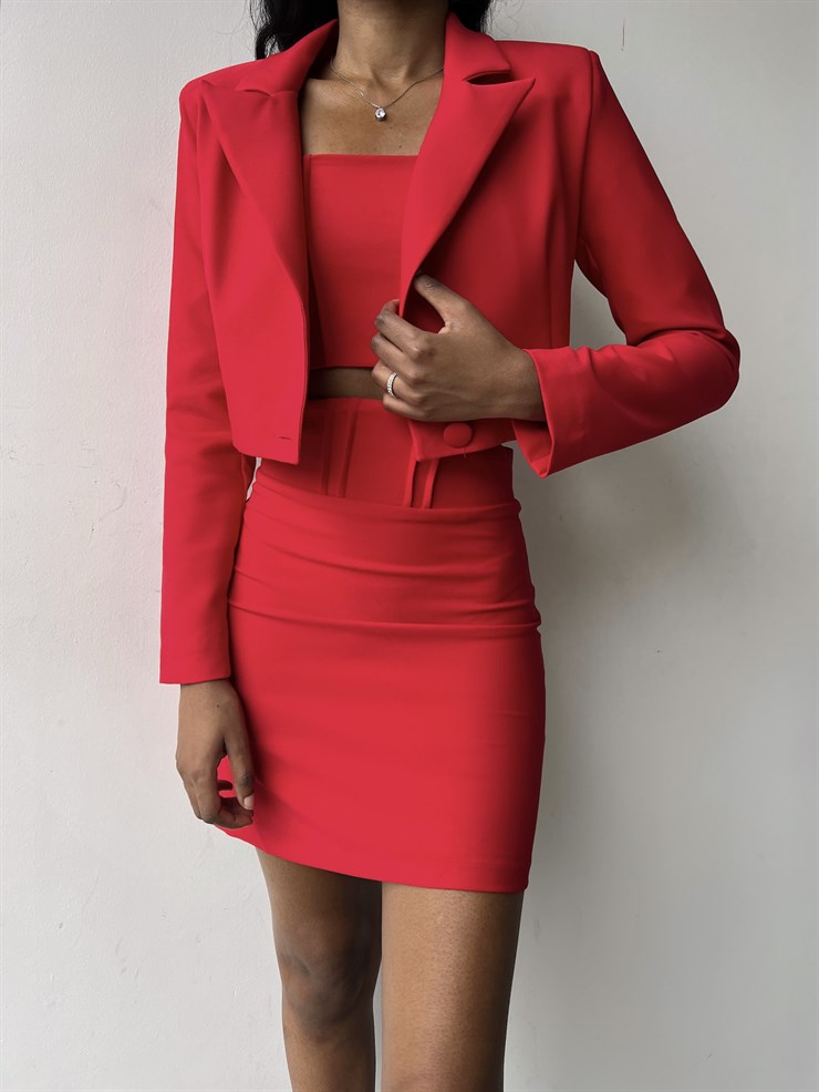 Alt Yüksek Bel Üst Tek Düğme Kapamalı Cybill Kadın Kırmızı Üçlü Takım 23K000311