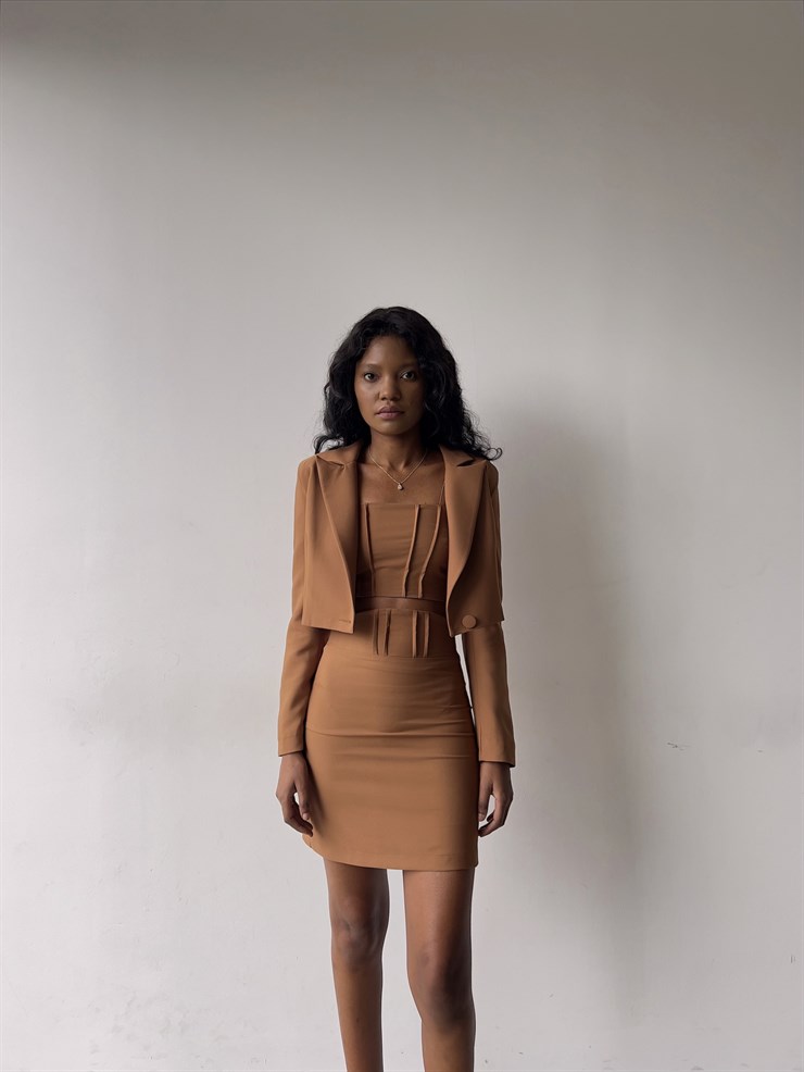 Alt Yüksek Bel Üst Tek Düğme Kapamalı Cybill Kadın Kahve Üçlü Takım 23K000311