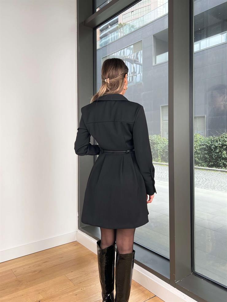 Önü Düğmeli Polo Yaka Beli Kemerli Uzun Kol Cyrus Siyah Kadın Mini Elbise 25Y015