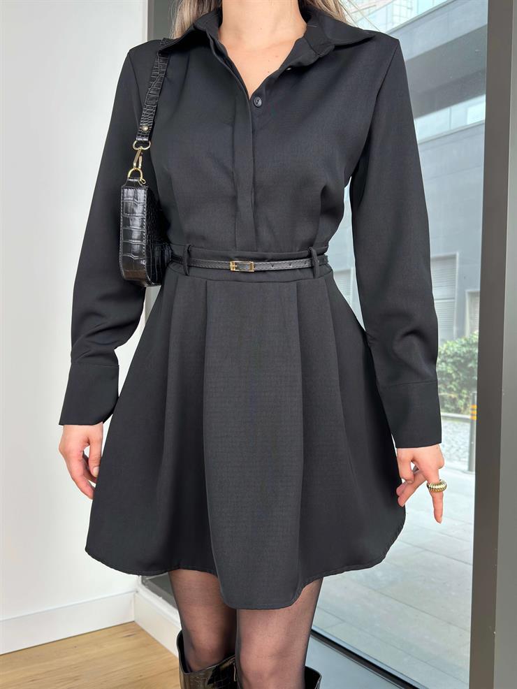 Önü Düğmeli Polo Yaka Beli Kemerli Uzun Kol Cyrus Siyah Kadın Mini Elbise 25Y015