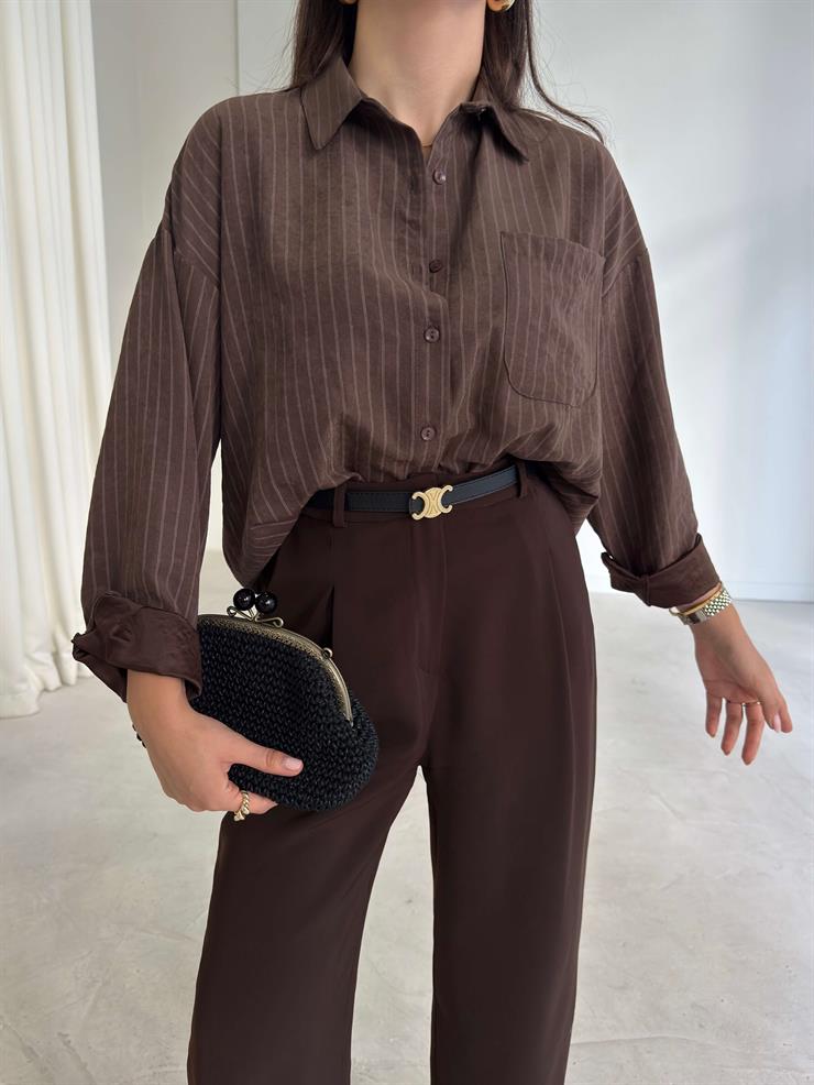 Çizgili Cepli Cyrus Kahve Kadın Boyfriend Gömlek 26K216