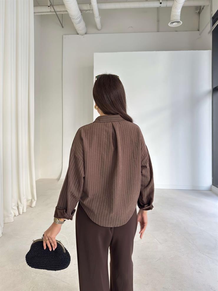 Çizgili Cepli Cyrus Kahve Kadın Boyfriend Gömlek 26K216