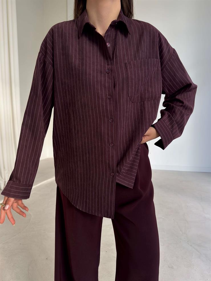 Çizgili Cepli Cyrus Mürdüm Kadın Boyfriend Gömlek 26K216