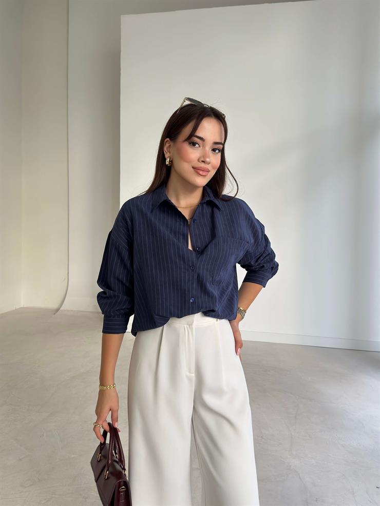 Çizgili Cepli Cyrus Lacivert Kadın Boyfriend Gömlek 26K216